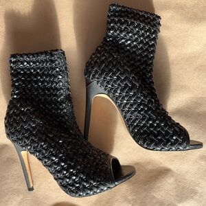 ZARA Woven Peep Toe Heeled Ankle Boots Black Size 37